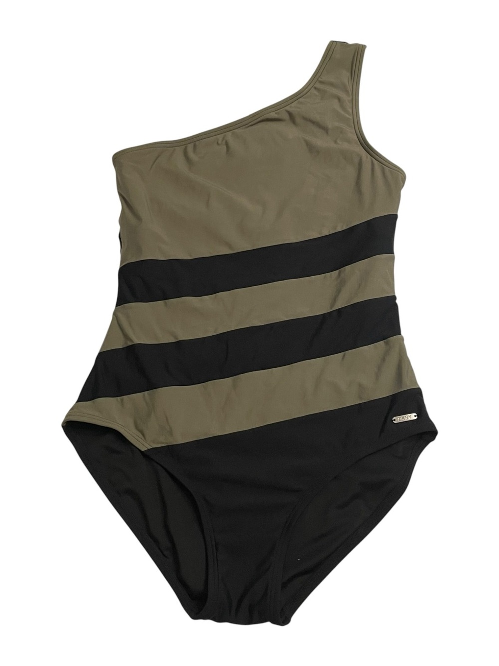 DKNY Olive & Black Striped One-Shoulder Swimsuit sz 8